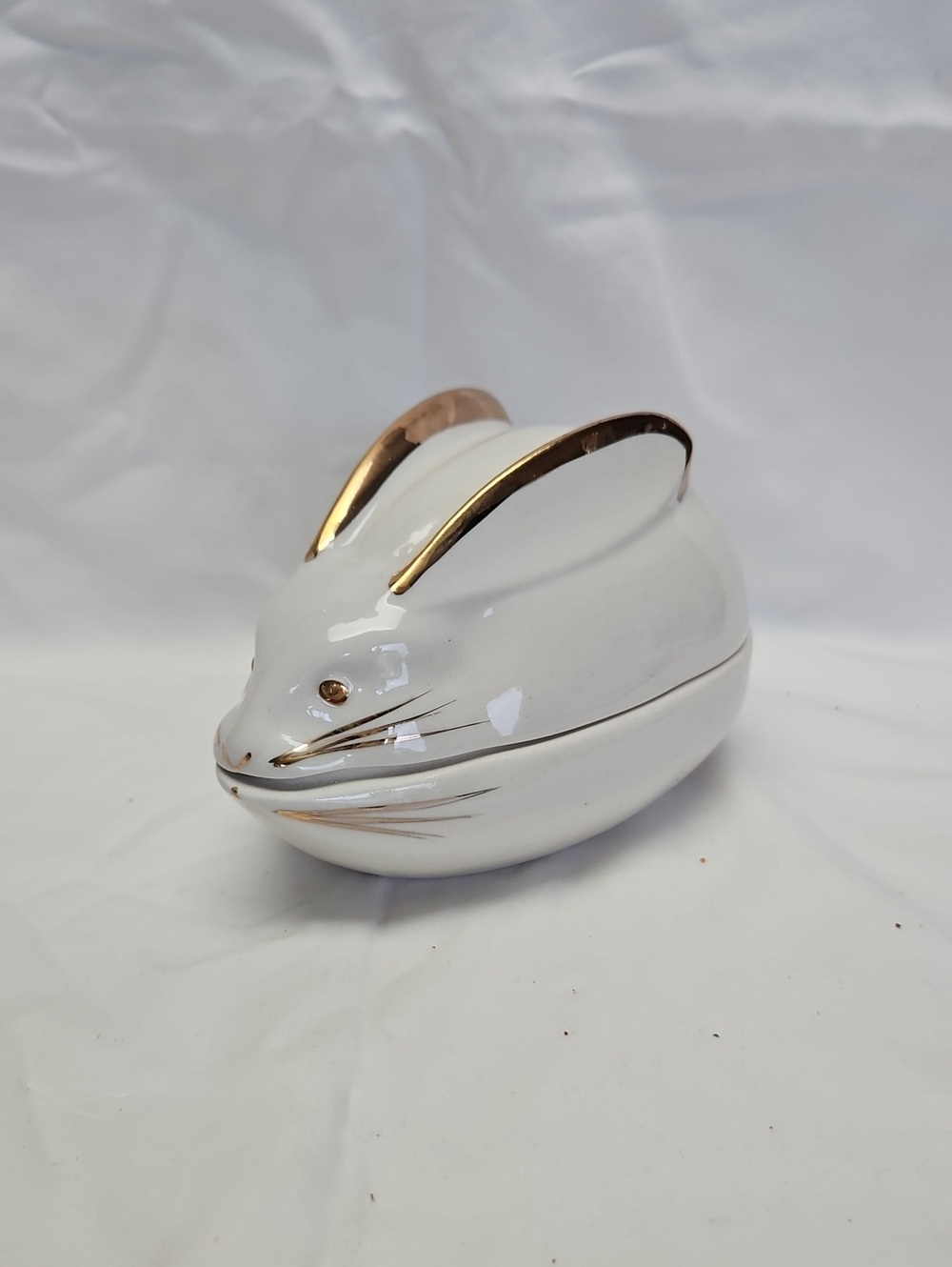 Vintage White Ceramic Bunny Trinket Box with Gold Detailing - Home Accents Decor